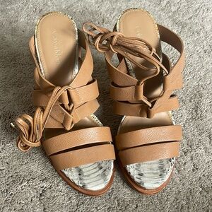 Calvin Klein Penelope sandal in brown leather with ankle tie and wooden heel